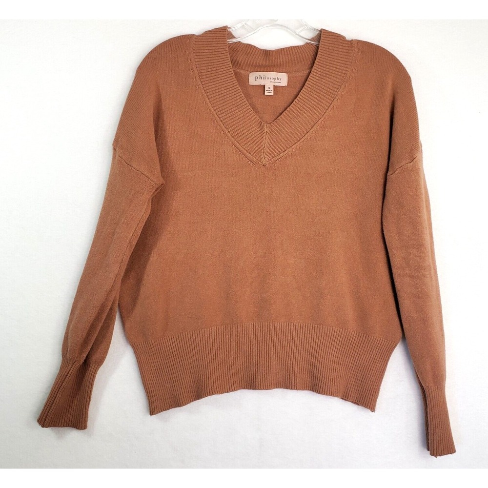 Philosophy V-Neck Sweater Womens S Ribbed Knit Long Sleeve Pullover‎ Top Brown